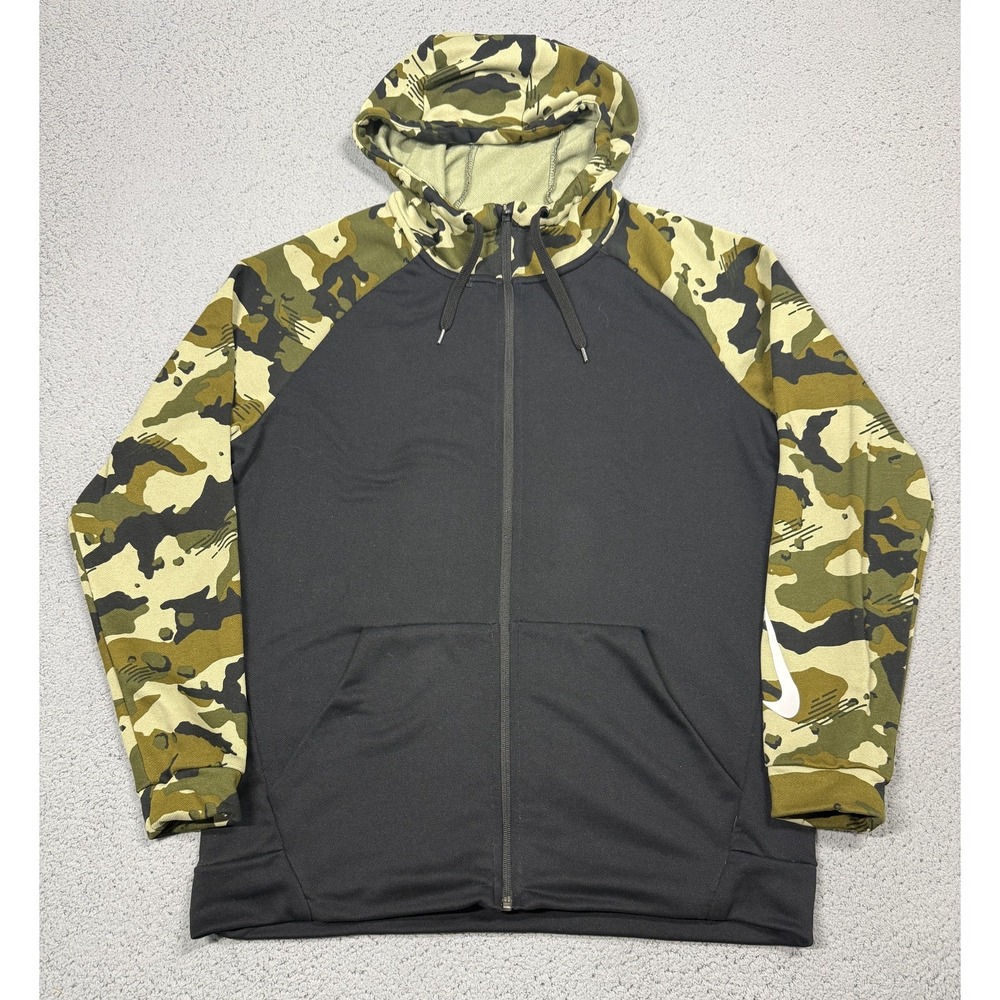 Nike Dri-FIT Hoodie Mens Large Black Full Zip Camo Sleeves Training CD7688-011